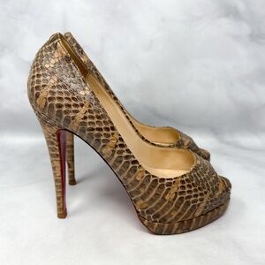Christian Louboutin Altadama 140 Watersnake Open Toe Platform Heels Brown 38